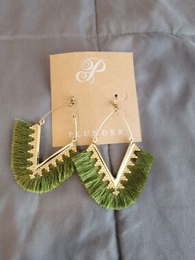 Plunder "HANK" Olive Green Fringe V Hoop Earrings